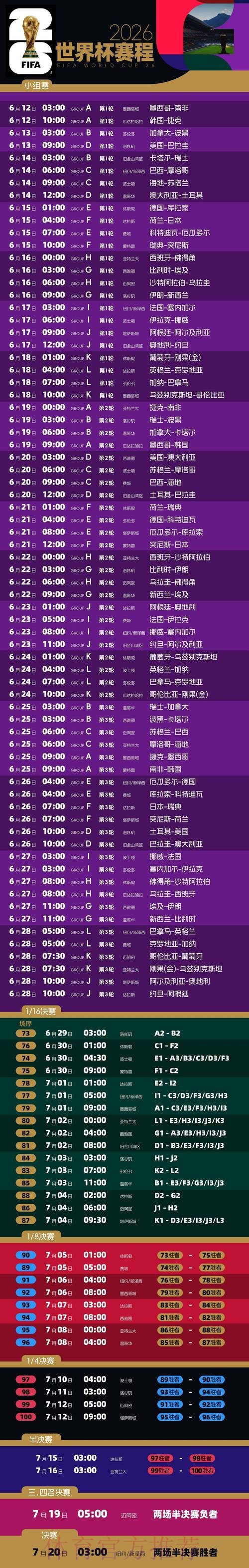 2026世界杯完整赛程完整版实时赛程实时查看